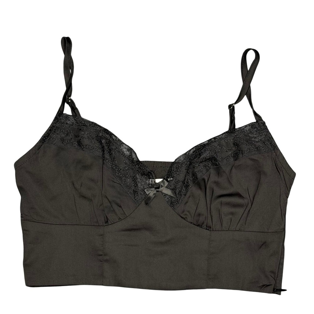 NWT Princess Polly Crop Top Size 4 Black Lace Trim Satin Cami Side Zip